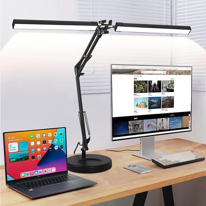 2-in-1 LED Desk Lamp, 24W Brightestwith Table Lamp with Clamp, Desk Light with Flexible Swing Arm,3 Color Modes Stepless Dimmable Double Head Architect Desk Lamps for Home Office Workbench Reading - LeafyLoom