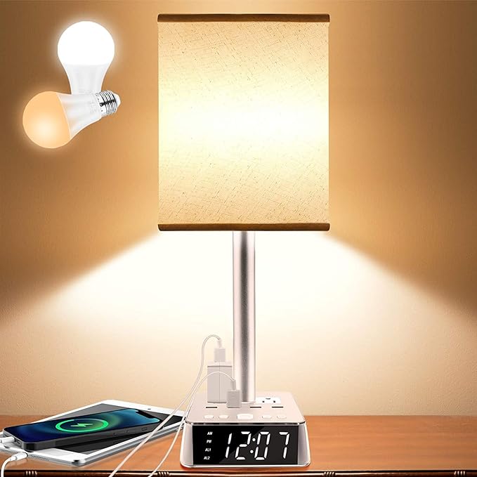 Table Lamp Bedside Lamp with 4 USB Ports and AC Power Outlets, Alarm Clock Base w/ 5Ft Extension Cord, Square Oatmeal Fabric Lampshade Modern Accent Nightstand Lamps for Bedrooms Living Room - LeafyLoom