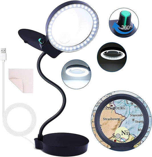 Magnifying Glass with Light and Stand, 10X 20X Magnifying Desk Lamp with Brightness Stepless Dimmable, Adjustable Gooseneck for Reading, Close Work, Hobbies - LeafyLoom