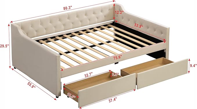 Full Size Velvet Upholstered Tufted Daybed with 2 Drawers,Modern Wood Bed Frame w/Armrests,Slat Support,No Box Spring Needed,Daybeds for Apartment,Bedroom,Guest Room,Beige - LeafyLoom