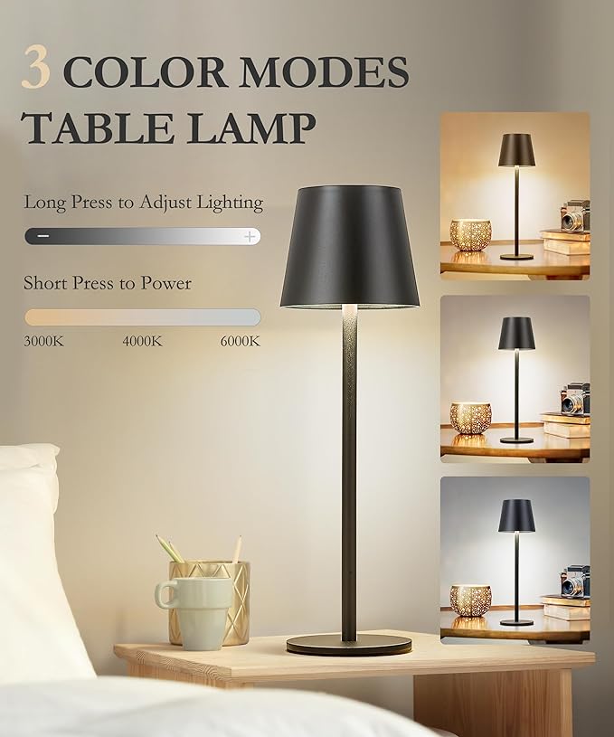 Cordless Table Lamp, 5200mAh IP54 Waterproof Rechargeable Battery Desk Lamp, 3 Color Stepless Dimming Up, Battery Operated Lamp for Kitchen/Bedside/Outdoor/Restaurant/Camping (Black) - LeafyLoom