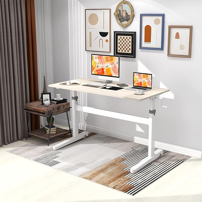 Manual Standing Desk Adjustable Height- Crank Mobile Standing Desk 55 x 24 Inches Sit Stand Desk Frame & Top, Stand Up Desk on Wheels, Computer Desk White Frame & Maple - LeafyLoom