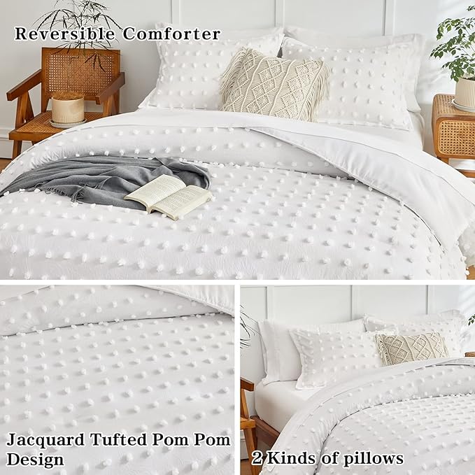 7 Pieces Tufted Dots Bed in a Bag King Comforter Set with Sheets White , Soft and Embroidery Shabby Chic Boho Comforters, Solid Color with Pom Pom Design, Jacquard Tufts Bedding Set for All Season - LeafyLoom