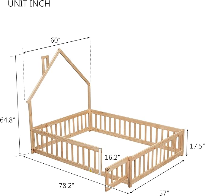 Bellemave Full Size House-Shaped Headboard Floor Bed for Kids, Montessori Floor Bed with Fence and Door,House Bed Twin Frame for Girls,Boys (Natural) - LeafyLoom