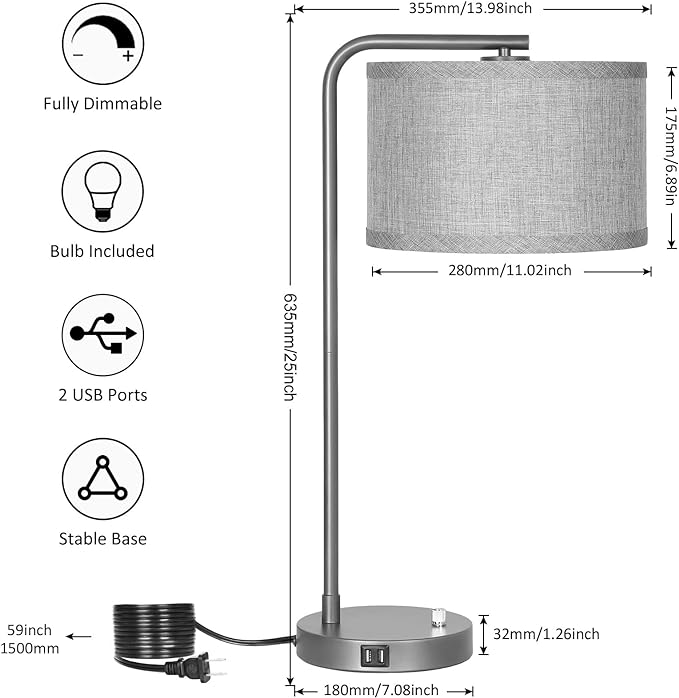 Gray Bedside Lamp with Dual USB Charging Ports, Fully Dimmable Modern Nightstand Lamp with Grey Fabric Shade, Tall Reading Lamp Desk Lamp for Bedroom Living Room Office with 3000K LED Bulb - LeafyLoom