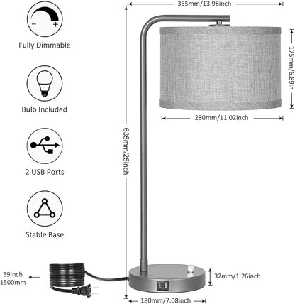 Gray Bedside Lamp with Dual USB Charging Ports, Fully Dimmable Modern Nightstand Lamp with Grey Fabric Shade, Tall Reading Lamp Desk Lamp for Bedroom Living Room Office with 3000K LED Bulb - LeafyLoom