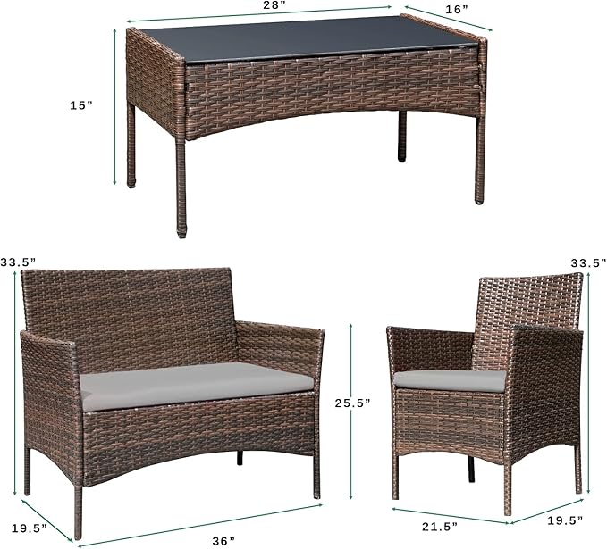 Greesum Patio Furniture 4 Pieces Conversation Sets Outdoor Wicker Rattan Chairs Garden Backyard Balcony Porch Poolside loveseat with Soft Cushion and Glass Table, Brown and Gray - LeafyLoom