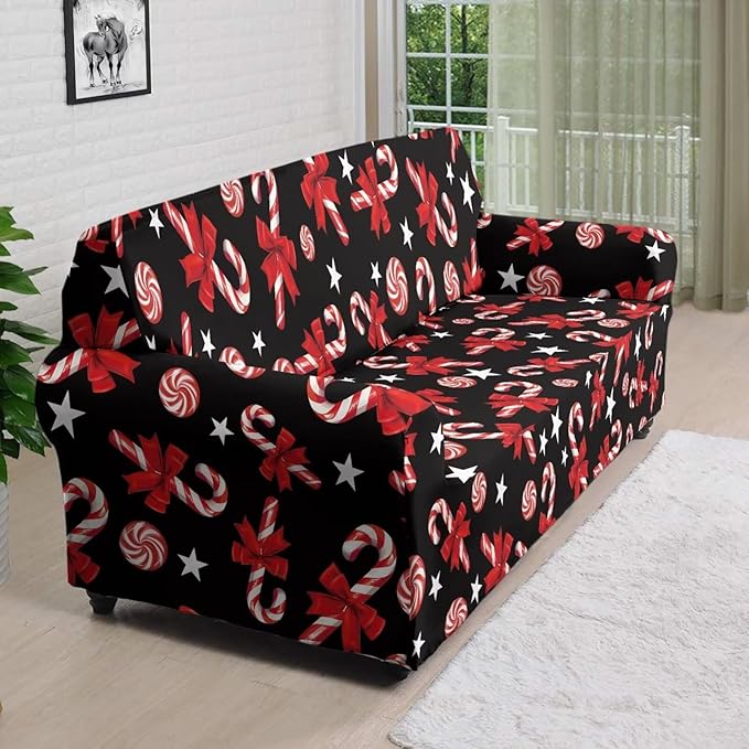 FKELYI Christmas Easy Going Stretch Sofa Slipcover Candy Cane Sofa Couch Cover Non-Slip Sofa Slipcovers Washable Furniture Protector XL FKELYI