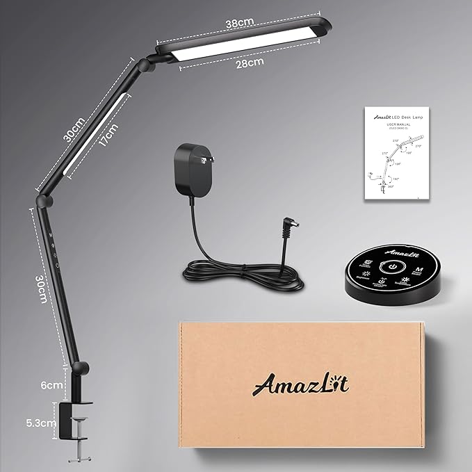 LED Desk Lamp with Clamp, Desk Light, Adjustable Brightness & Color Temperature, Modern Architect Clip on Lamp with Memory & Timer Function, Clamp Light for Study, Work, Home, Office, 15W - LeafyLoom