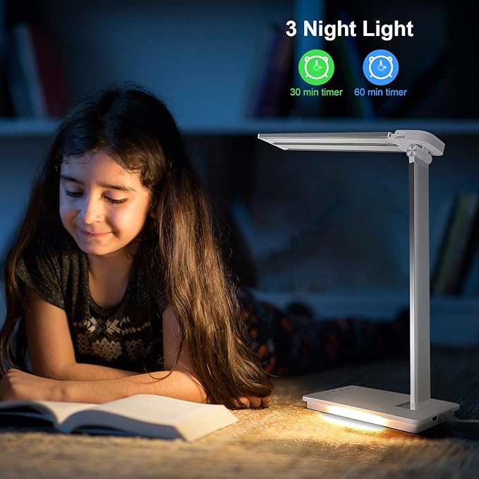 Desk Lamp Dimmable Table Lamp Foldable Reading Lamp Double Swing Arm Desk Light with USB Charging Port,5 Light Modes, Touch Control, Auto-Off Timer, Eye-Caring Led Desk Lamp (Silver) - LeafyLoom