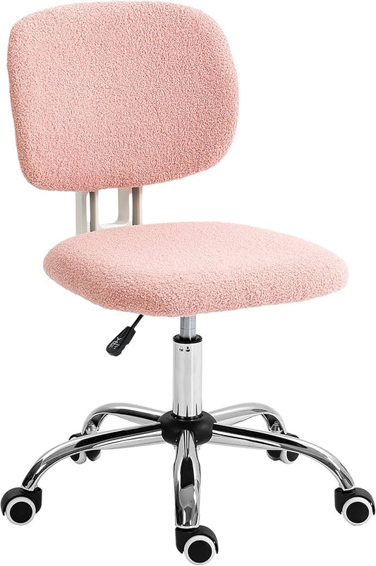 Vinsetto Cute Armless Office Chair, Teddy Fleece Fabric Computer Desk Chair, Vanity Task Chair with Adjustable Height, Swivel Wheels, Mid Back, Pink - LeafyLoom