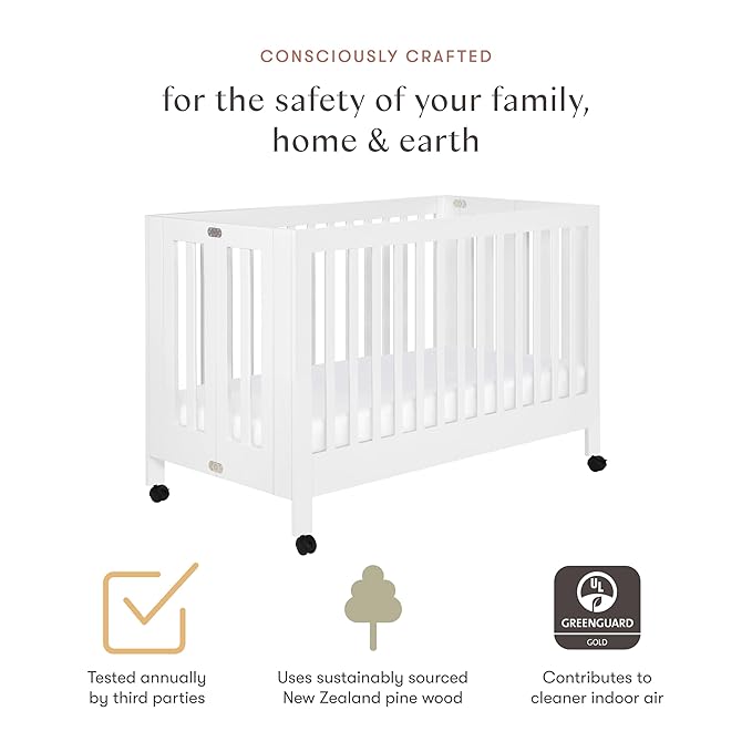 Babyletto Maki Full-Size 2-in-1 Portable Folding Crib with Toddler Bed Conversion Kit in White, Greenguard Gold Certified - LeafyLoom