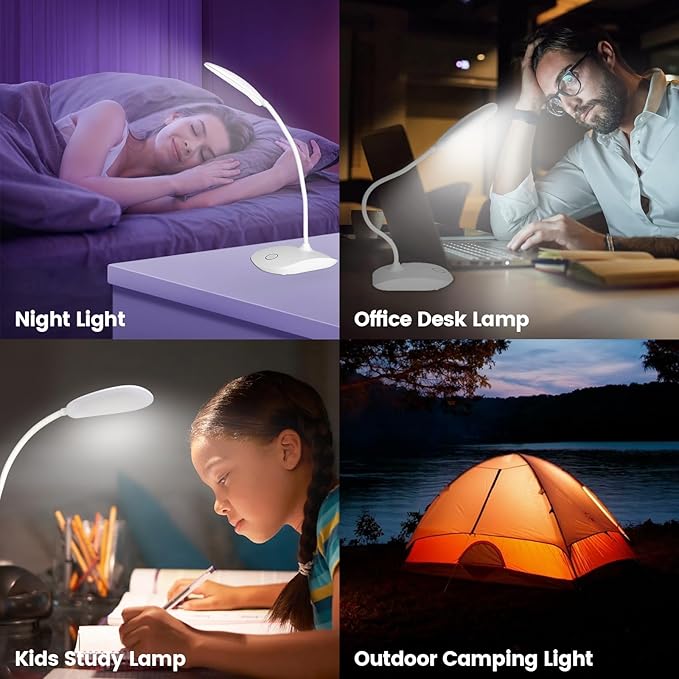 Battery Powered Desk Lamp, Portable Lamps Rechargeable 3 Color Modes Touch Control Stepless Dimming, Wireless Desk Lamp with 2000mAh, Small LED Table Light for Dorm Study Office Bedroom - LeafyLoom