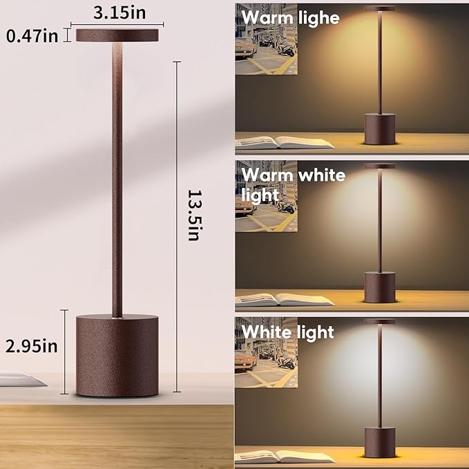 Rechargeable Cordless LED Table Lamp, 6000mAh Battery Operated 3 Level Dimmable Portable Tables Lights Reading Lamps for Restaurant Dining 2Pack Rust Desk Lamps - LeafyLoom