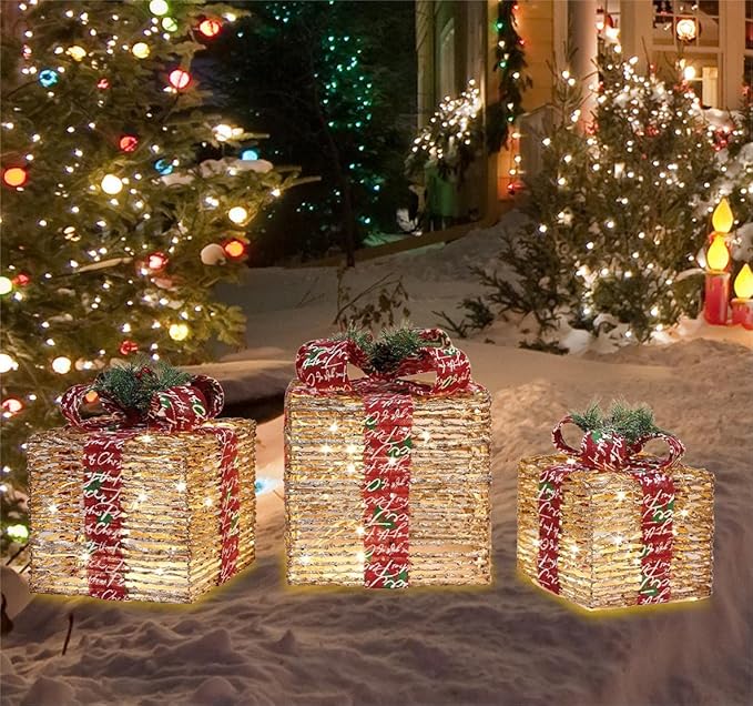 [Ultra-Large 15.5"x13.5"x11" Christmas Set of 3 Lighted Rattan Gift Boxes Decorations Pre-lit 91 Super-Bright LED with Flashers,for Indoor Outdoor Pathway Holiday Party Home(Warm White) GLOWNOVA