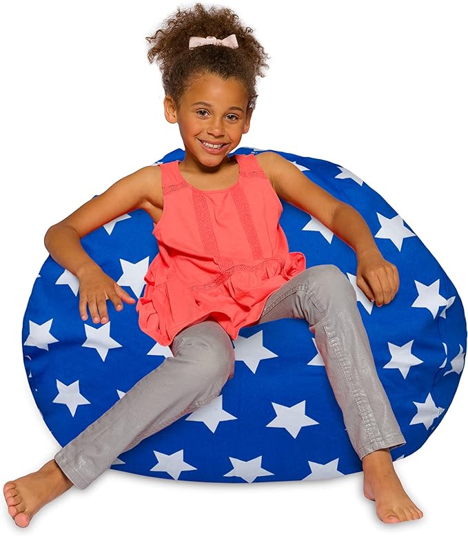 Posh Creations Bean Bag Chair for Kids, Teens, and Adults Includes Removable and Machine Washable Cover, 38in - Large, Canvas White Stars on Blue - LeafyLoom