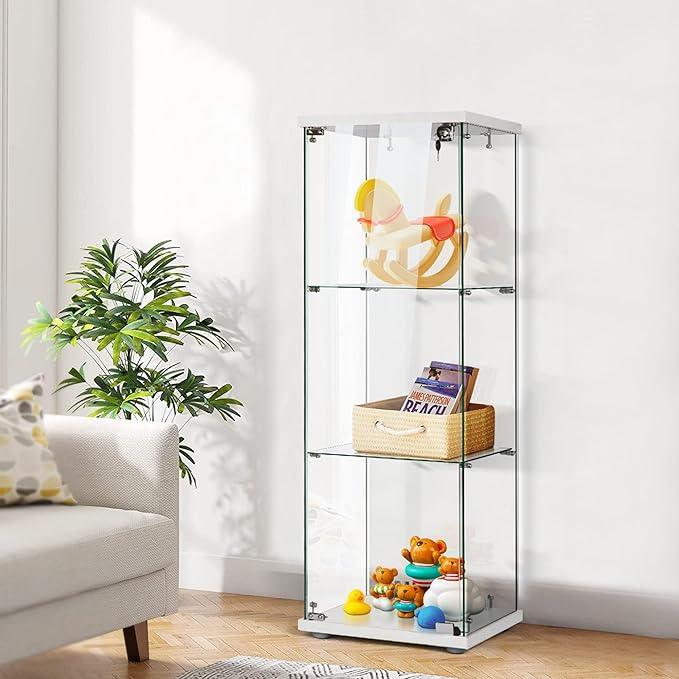 VIVOHOME 3 Layers 15.7''W x 15.7''D x 47.2''H Glass Display Cabinet Countertop Showcase with Lock, 5mm Tempered Glass 25mm MDF Base - LeafyLoom