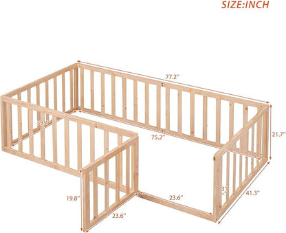 Multifunctional Twin Size Floor Bed with Safety Guardrails and Door, Montessori Sturdy Solid Wood Beds Frame, Easy Assembly and No Spring Need, for Boys and Girls Room, Natural - LeafyLoom