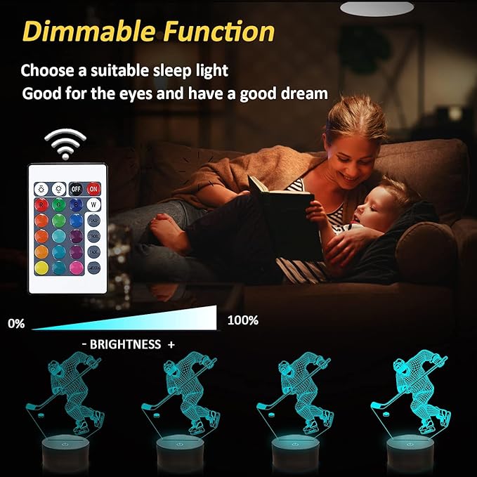 Hockey Night Light, Ice Hockey Player 3D Illusion Lamp for Boys Room Decor with Remote + Touch 16 Colors Flashing Changing Desk Lamps for Kids Sport Fans Birthday Xmas Cool Gifts - LeafyLoom