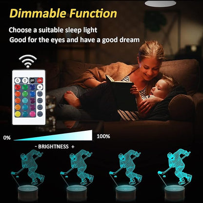 Hockey Night Light, Ice Hockey Player 3D Illusion Lamp for Boys Room Decor with Remote + Touch 16 Colors Flashing Changing Desk Lamps for Kids Sport Fans Birthday Xmas Cool Gifts - LeafyLoom