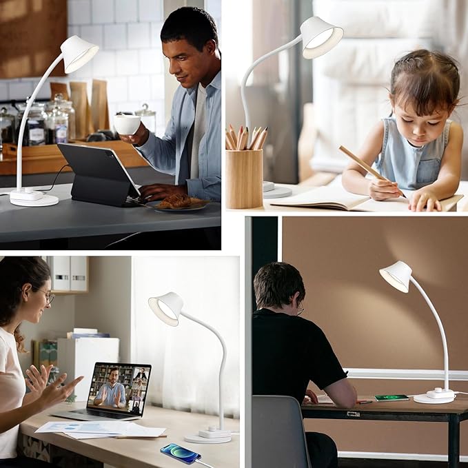 BOHON LED Desk Lamp for Home Office, Fully Dimmable Bedside Lamps with USB A and C Charging Port, 5 Colors Reading Lamp with Night Light, Auto Timer, Table Lamp for College Dorm Room White - LeafyLoom