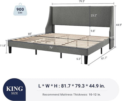 Allewie King Size Bed Frame, Platform Bed Frame with Upholstered Headboard, Modern Deluxe Wingback, Wood Slat Support, Mattress Foundation, Light Grey - LeafyLoom