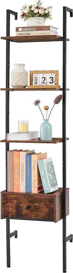 Tajsoon Ladder Shelf, Tall Bookcase with Storage Drawers, 4-Tier Wood Wall Mounted Bookshelf, Open Display Rack, Storage Shelves for Bedroom, Home Office, Collection, Plant Flower, Rustic Brown - LeafyLoom