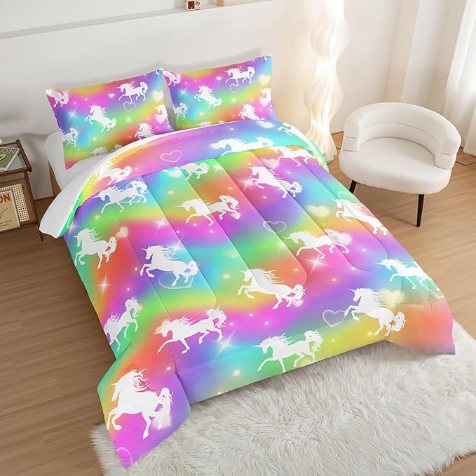 HOSIMA Unicorn Bedding 3pcs Rainbow Comforter Set with 2 Pillowcases,Sparkle Stars Full Size Bed in a Bag Set for Adults Teen Girls,Cute Rainbow Unicorn Comforter Princess Toddler Bedding Set. - LeafyLoom