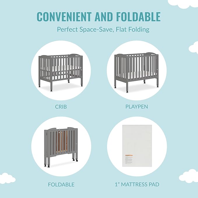 2-in-1 Portable Folding Stationary Side Crib in Storm Grey, Greenguard Gold Certified, Two Adjustable Mattress Height Positions,Made of Solid Pinewood, Flat Folding Crib - LeafyLoom