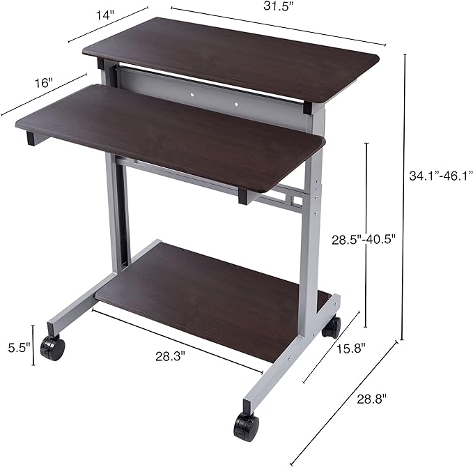 Stand Up Desk Store Rolling Adjustable Height Two Tier Standing Desk Computer Workstation (Silver Frame/Dark Walnut Top, 32" Wide) - LeafyLoom