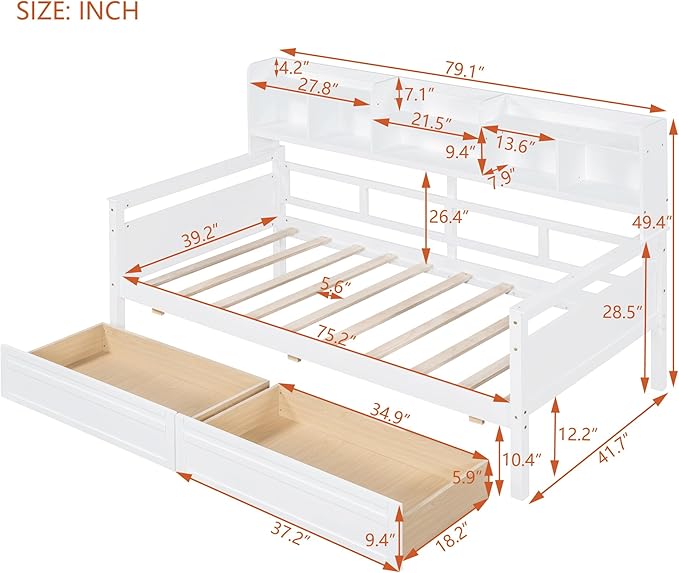 Merax Wood Daybed with with Bedside Shelves and Two Drawers, Twin Size Sofa Bed Frame for Kids Teens Adults, No Box Spring Needed White - LeafyLoom