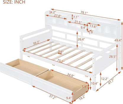 Merax Wood Daybed with with Bedside Shelves and Two Drawers, Twin Size Sofa Bed Frame for Kids Teens Adults, No Box Spring Needed White - LeafyLoom