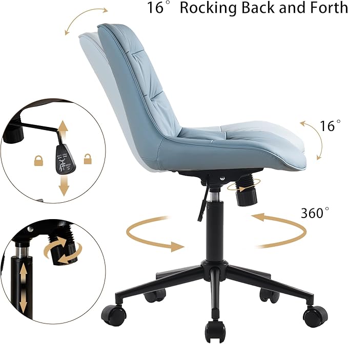 Kidol & Shellder Armless Office Chair Desk Chair Comfy Makeup Vanity Chair with Back Ergonomic Swivel Chair Home Office Desk Chairs with Wheels Rolling Computer Chair Bedroom Accent Chair(Blue) - LeafyLoom