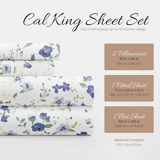 4 Piece Cal King Bedding Sheet Set (Light Blue Floral) - Sleep Better Than Ever with These Ultra-Soft & Cooling Bed Sheets for Your Cal King Size Bed - Deep Pocket Fits 16" Mattress - LeafyLoom