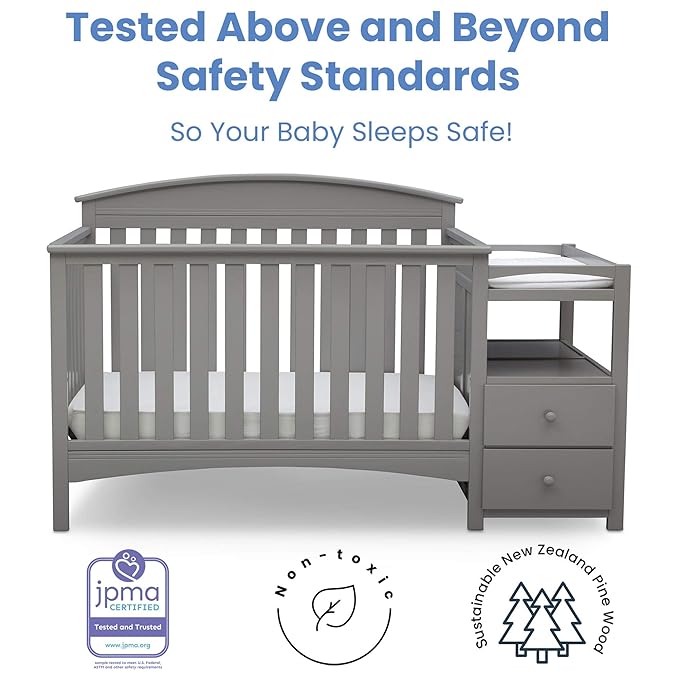 Delta Children Abby Convertible Crib 'N' Changer, Grey + Serta Perfect Slumber Dual Sided Recycled Fiber Core Crib and Toddler Mattress (Bundle) - LeafyLoom