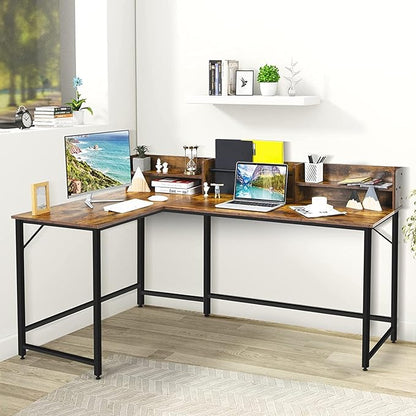 LUARANE 65.5 Inches L-Shaped Desk, Industrial Computer Desk with Hutch File Rack, Space Saving Corner Desk with Metal Frame, Computer Workstation for Home Office (Coffee) - LeafyLoom