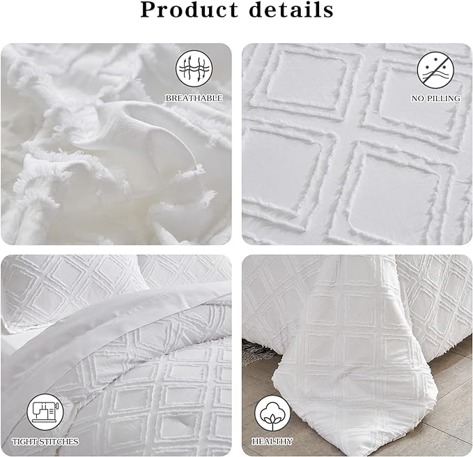 7 Pieces Tufted Bed in a Bag King Comforter Set with Sheets White, Soft and Embroidery Shabby Chic Boho Bohemian, Luxury Solid Color with Diamond Pattern, Jacquard Tufts Bedding Set for All Season - LeafyLoom