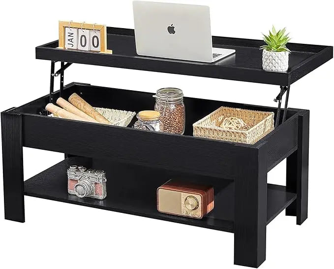 VECELO Lift Top Coffee Table with Storage Shelf and Hidden Compartment for Living Room/Office Reception, Black - LeafyLoom