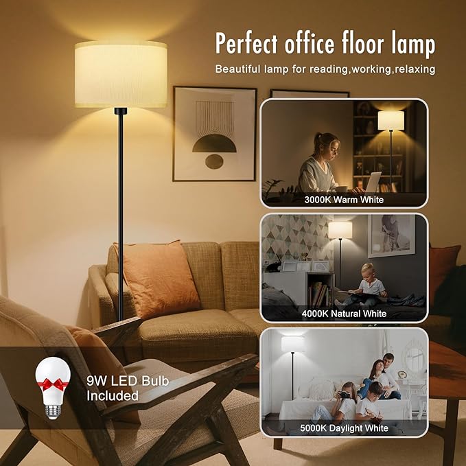 Floor Lamps for Living Room, Modern Standing Lamp with 3 Color Temperatures(9W Bulb), White Linen Lampshade, Foot Switch, Simple Reading Floor Lamps Tall Lamps for Bedroom/Office/Nightstand/Classroom - LeafyLoom