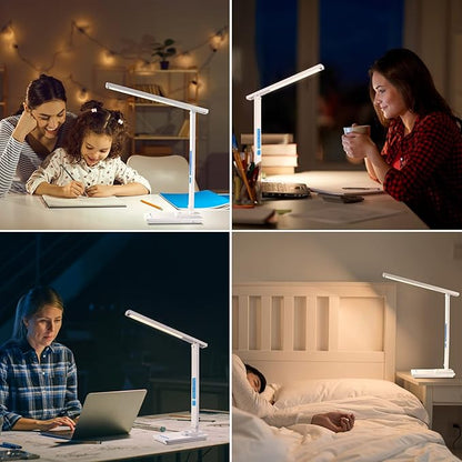 LAOPAO LED Desk Lamp with Wireless Charger, USB Charging Port, Sliding Dimmable Auto Timer Table Lamp with Night Light, Desk Lights with Clock for Study Reading Home Office - LeafyLoom