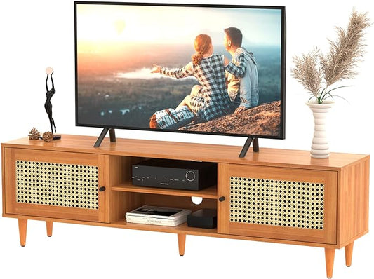 EasyCom TV Stand for 65 inch TV, Farmhouse Rattan Entertainment Center with Storage and Open Shelves, Mid Century Modern Entertainment Center with Natural Rattan Door - LeafyLoom