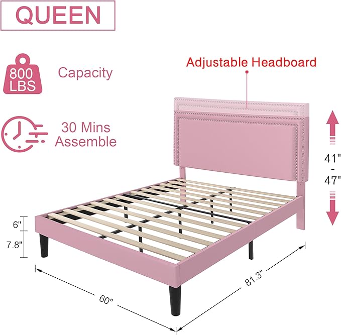 VECELO Queen Size Platform Bed Frame with Height Adjustable Upholstered Headboard, Modern Mattress Foundation,Strong Wood Slat Support, No Box Spring Needed, Easy Assembly - LeafyLoom