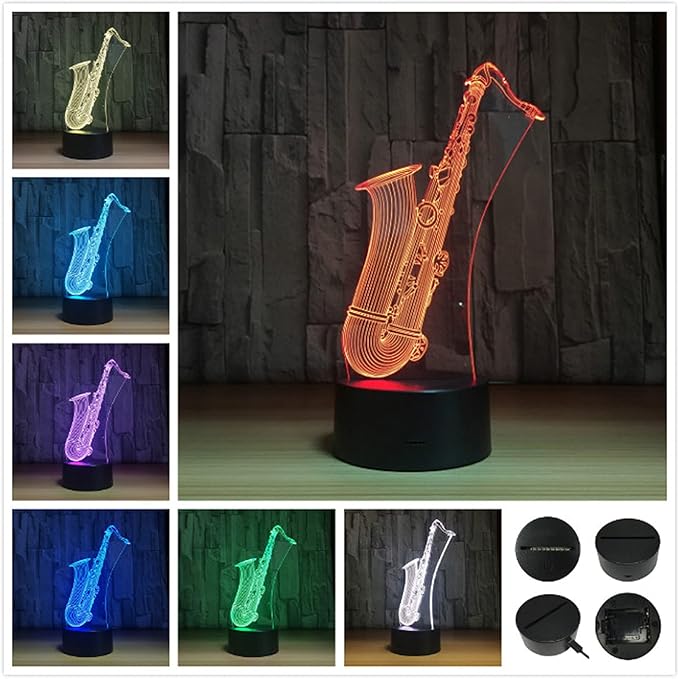 Music Instruments Saxophone 3D Optical Illusion Lamp 7 Colors Change Timing Remote Control and Touch Button Children Kids Bedside Table LED Night Light - LeafyLoom