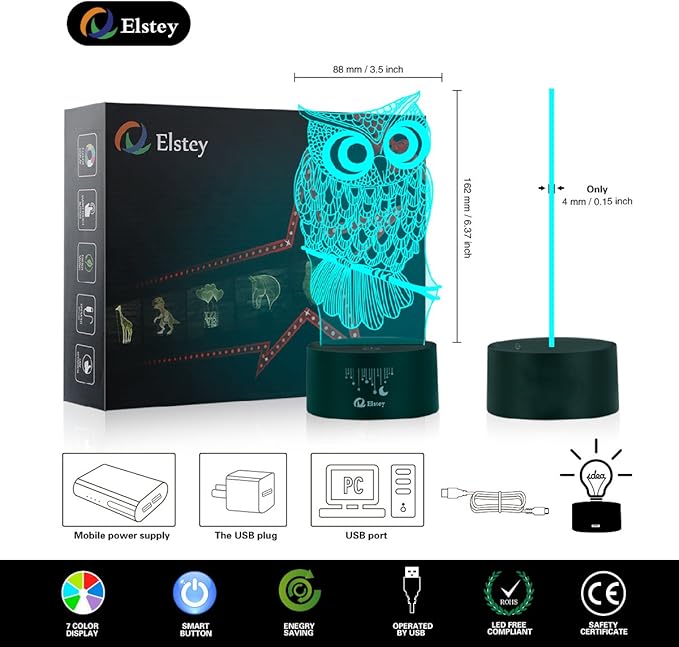 Elstey Owl 3D Illusion Lamp, 7 Color Changing Touch Table Desk LED Night Light Great Kids Gifts Home Decoration - LeafyLoom