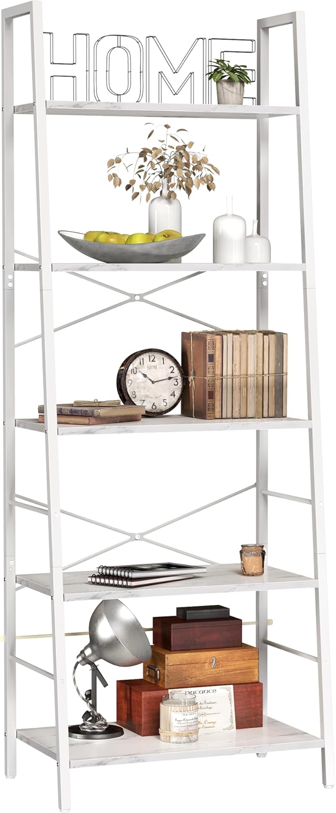 Yusong Ladder Shelf,Industrial 5-Tier Bookshelf,Free Standing Bookcase,Utility Organizer Shelves for Plant Flower,Wood Look Accent Furniture with Metal Frame for Home Office, (White) - LeafyLoom