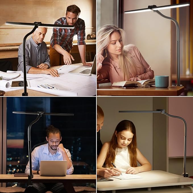 LED Desk Lamp for Home Office, 24W Double Head Architect Desk Lamp with Clamp, Remote Control, Adjustable Gooseneck, Stepless Dimming and Tempering Desk Light for Reading Study Drafting - LeafyLoom