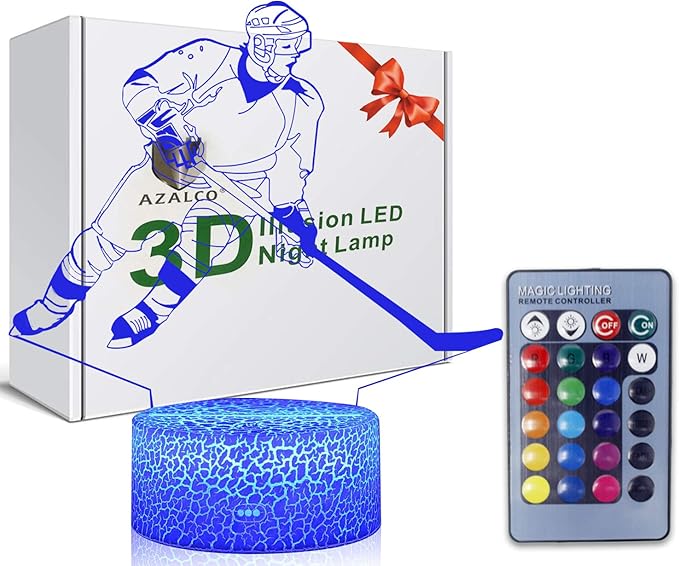 Teenager christmas gifts xmas gift 3D Illusion Hockey Night Light Lamp 16 Color Change Touch White Crack Base with Remote Control Birthday Gift for Boys and Girls Hockey lover - LeafyLoom