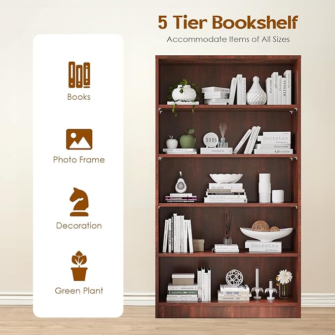 Soohow Cherry Bookcase,Bookshelf for Bedroom,60 inches Tall Wood Book Case Book Shelves,5 Shelf bookcase for Living Room - LeafyLoom