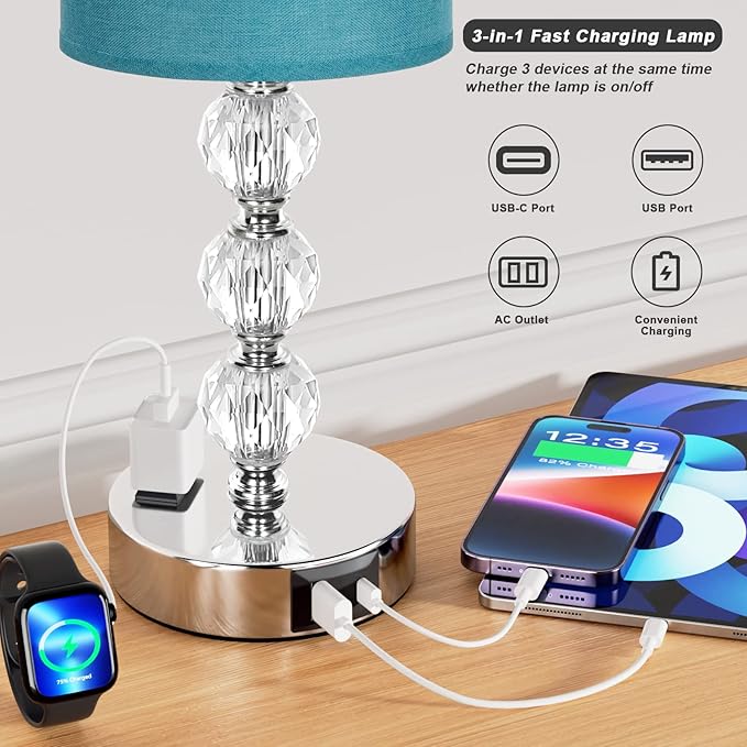 Green Touch Bedside Lamps for Bedrooms - Crystal Table Lamp with USB C+A Charging Port and AC Outlet Nightstand, 3 Way Dimmable Silver Small End Side Table Lamp for Living/Guest/Dinning Room/Kitchen - LeafyLoom