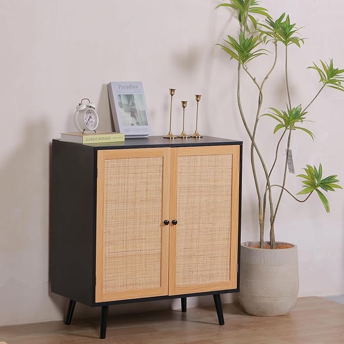 Sideboard Buffet Cabinet,Accent Kithchen Storage Cabinet with Rattan Doors,Wood Cupboard Console Table with Adjustable Shelves for Living Room, Black - LeafyLoom